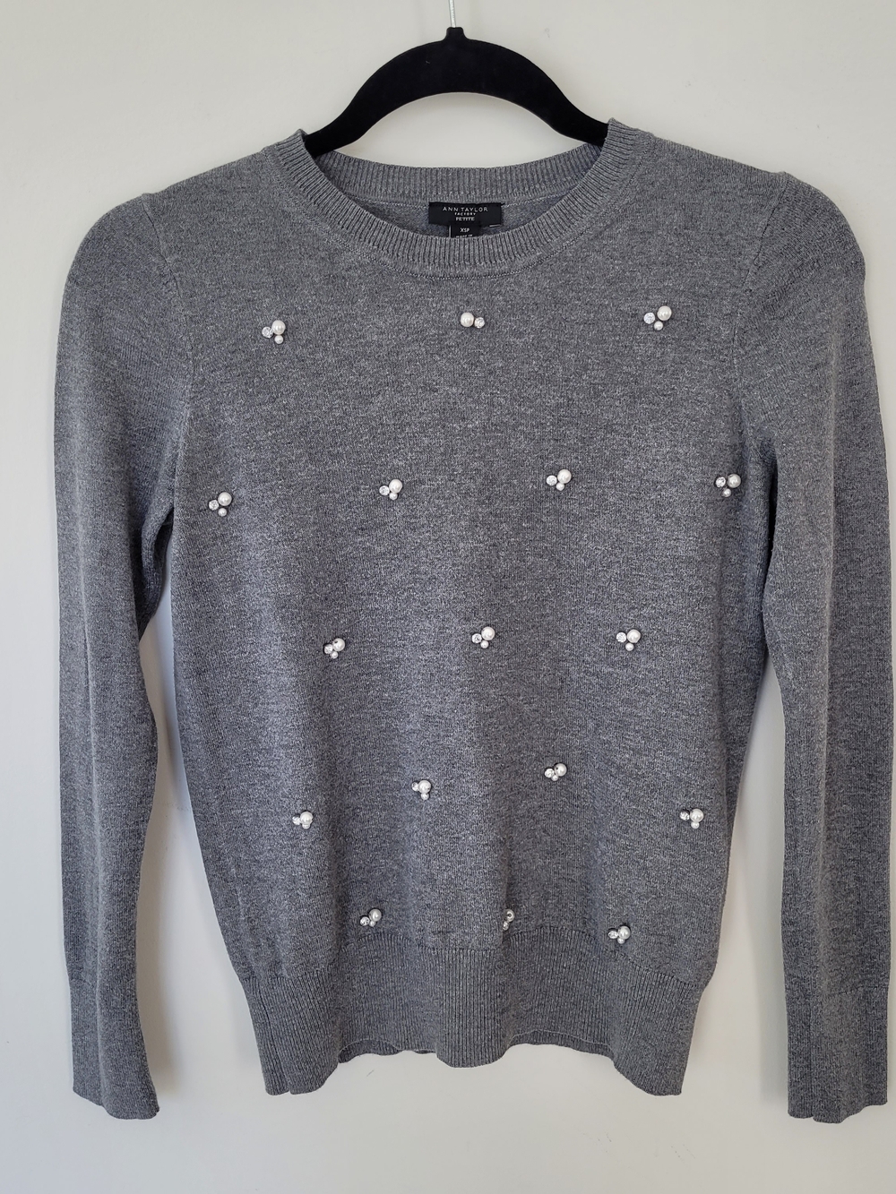 Ann Taylor Factory Gray Crewneck Sweater with Pearl Clusters